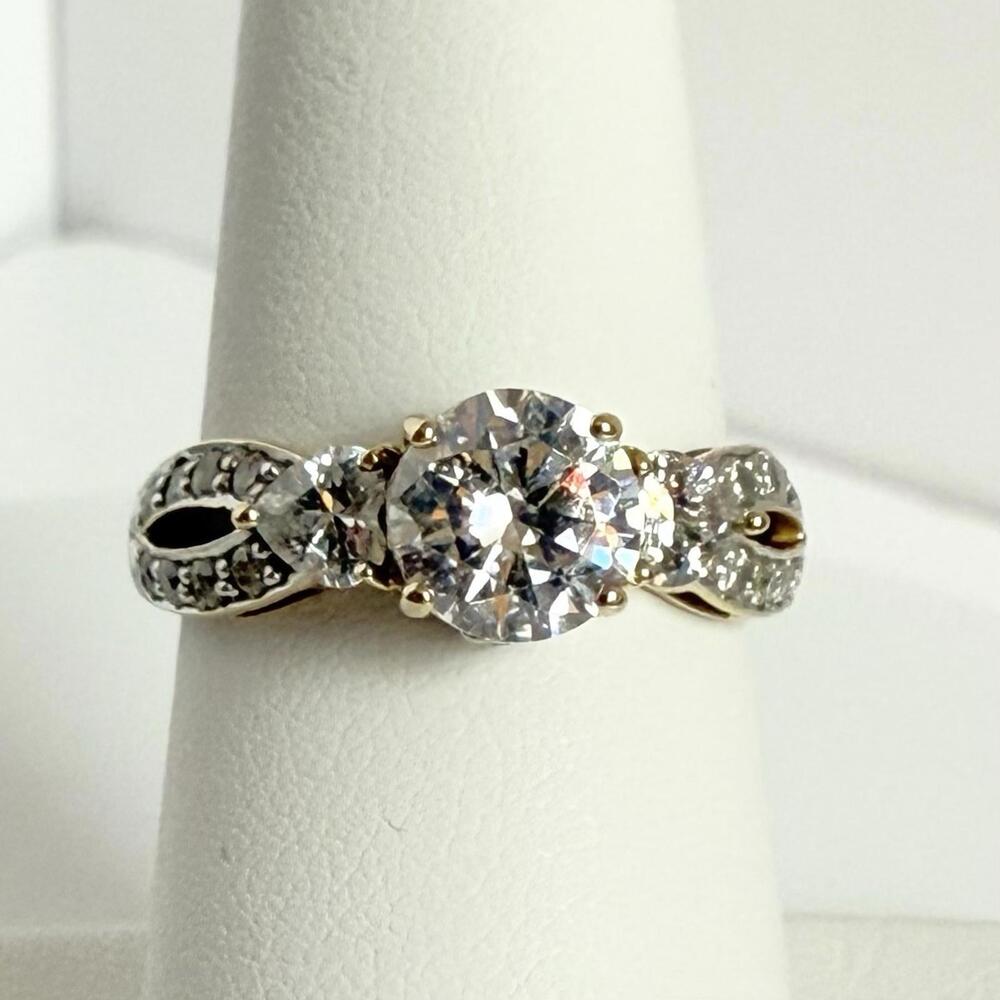 10K Gold Three Stone Engagement Ring Large Round Center Artisan Setting Size 7